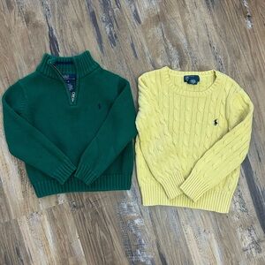 Ralph Lauren Men's Green Half-Zip Sweater with Yellow Cable Crew